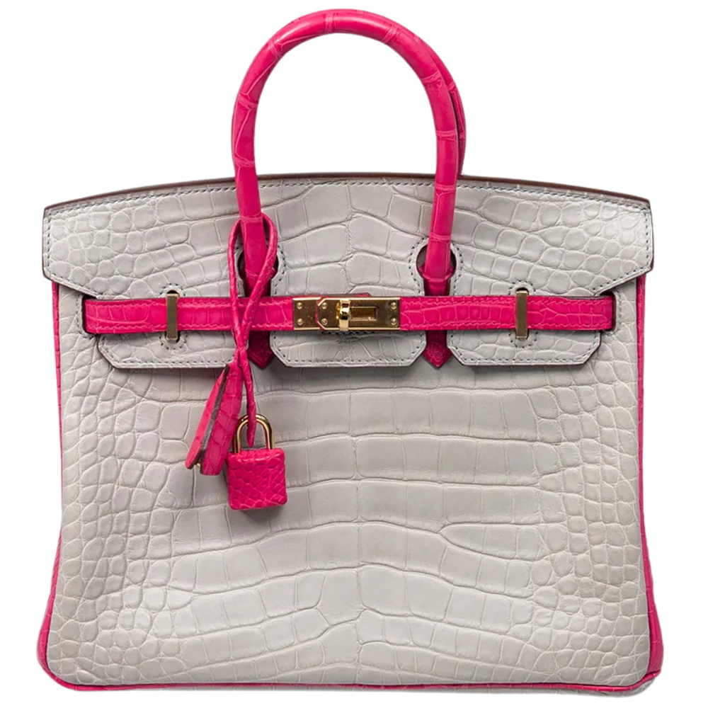 Birkin 25 Alligator Gris Perle / Rose Shocking