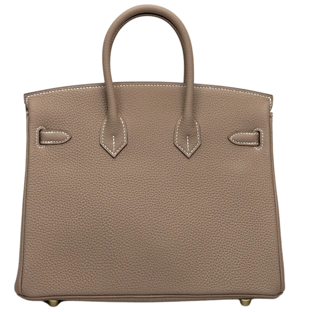 Hermès Birkin 25 Etoupe Togo leather gold hardware, back view showing straps and clasp