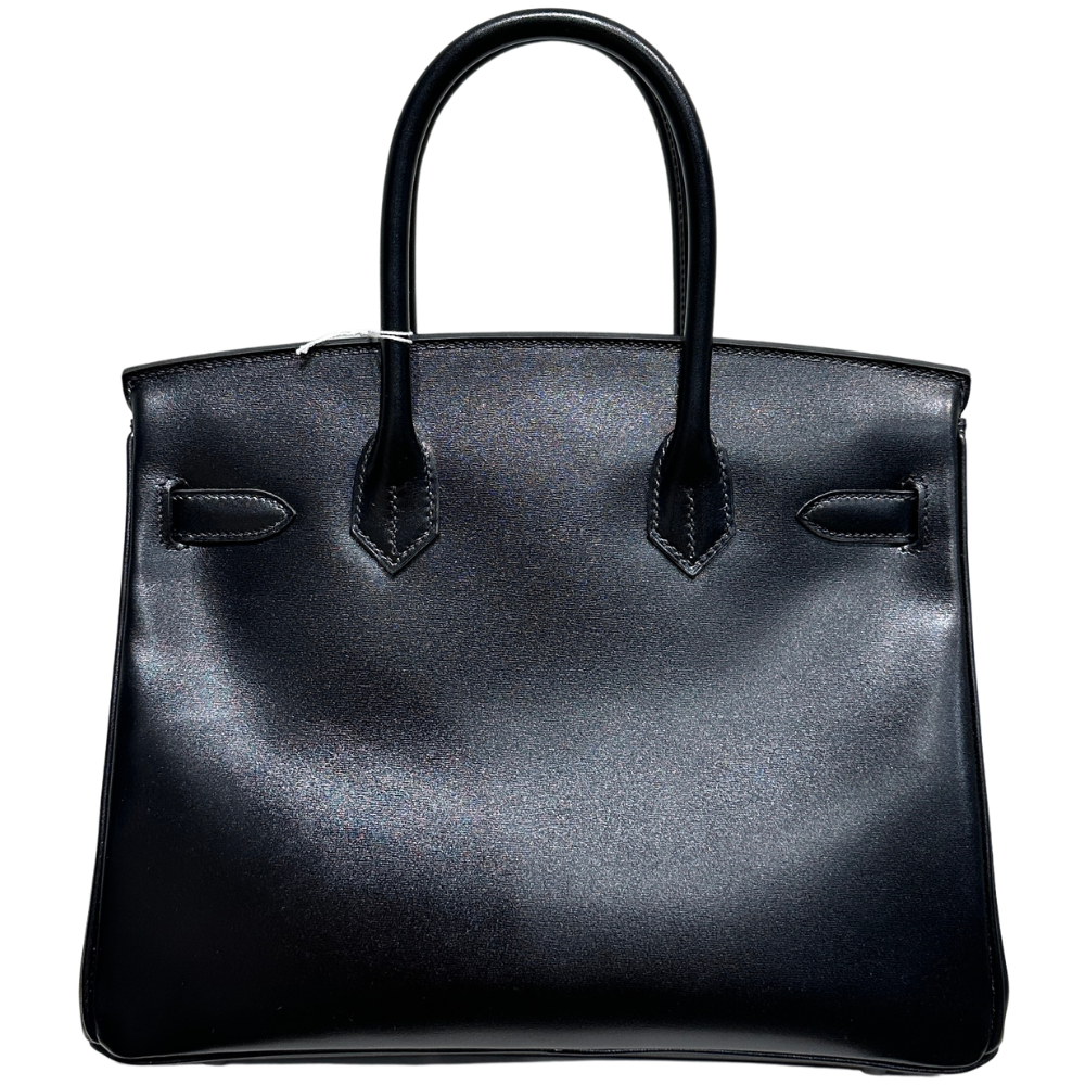 Hermès Birkin 30 Black Box leather silver hardware, back view showing straps and clasp