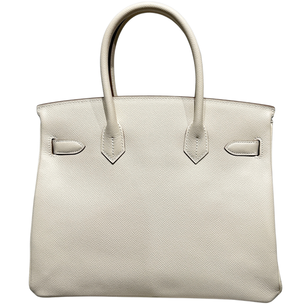 Hermès Birkin 30 Craie Epsom leather silver hardware, back view showing straps and clasp
