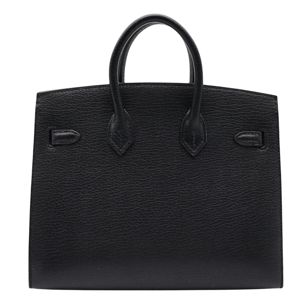 Hermes Birkin 20 Bouclerie Black Chèvre back view, highlighting the clean micro proportions, subtle sheen of the goat skin leather, and protective metal feet.