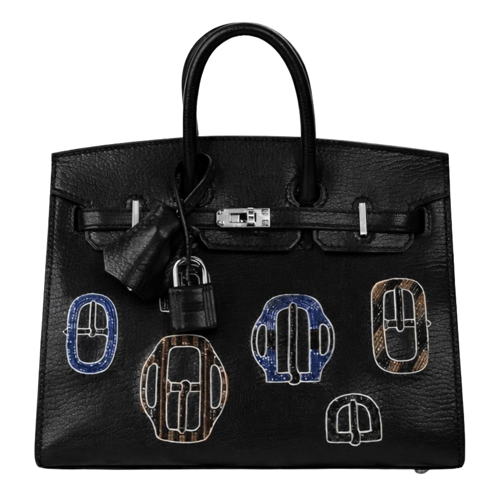 Hermes Birkin 20 Bouclerie Black Chèvre front view, showcasing the mini structured silhouette, intricate leather buckle work, dual top handles, and silver turn-lock hardware.