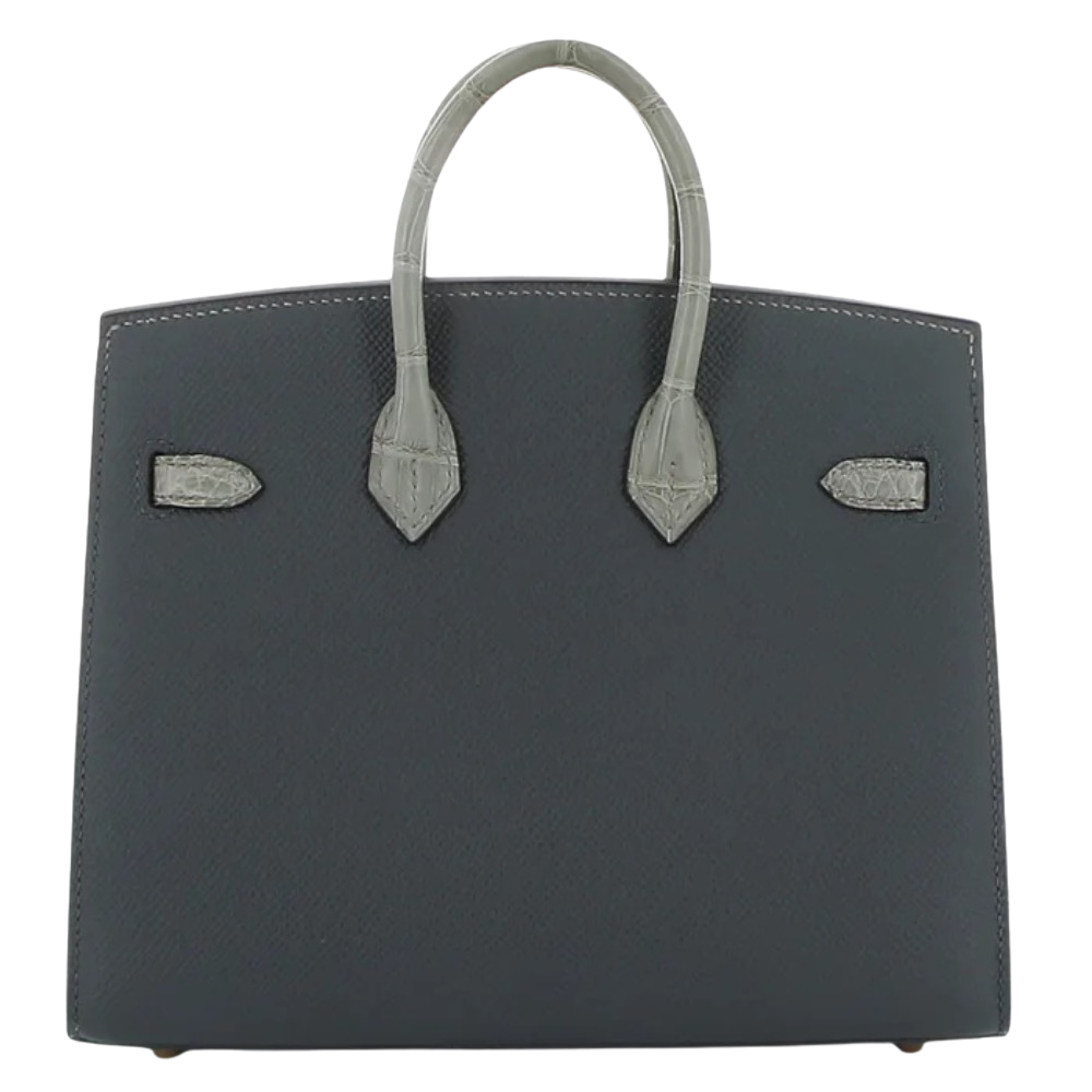 Hermes Birkin 20 Faubourg Rainy Days back view, highlighting the structured Sellier lines, premium Epsom leather finish, and clean architectural proportions.