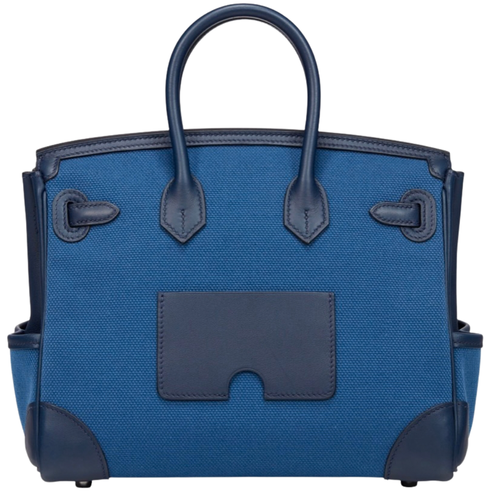Hermes Birkin 25 Cargo Blue Navy and Egee back view, highlighting the exterior multi-compartment pockets and structural craftsmanship.