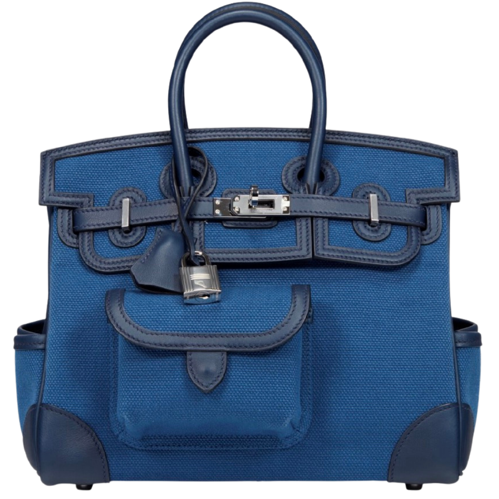 Hermes Birkin 25 Cargo Blue Navy and Egee front view, showcasing the multi-pocket utility design, canvas and leather combination, and silver turn-lock closure.