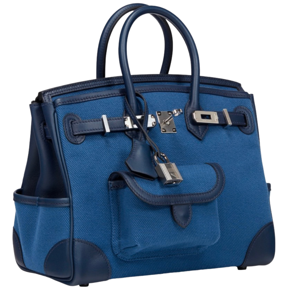 Hermes Birkin 25 Cargo Blue Navy and Egee left side profile, displaying the functional side pouch and reinforced gusset.