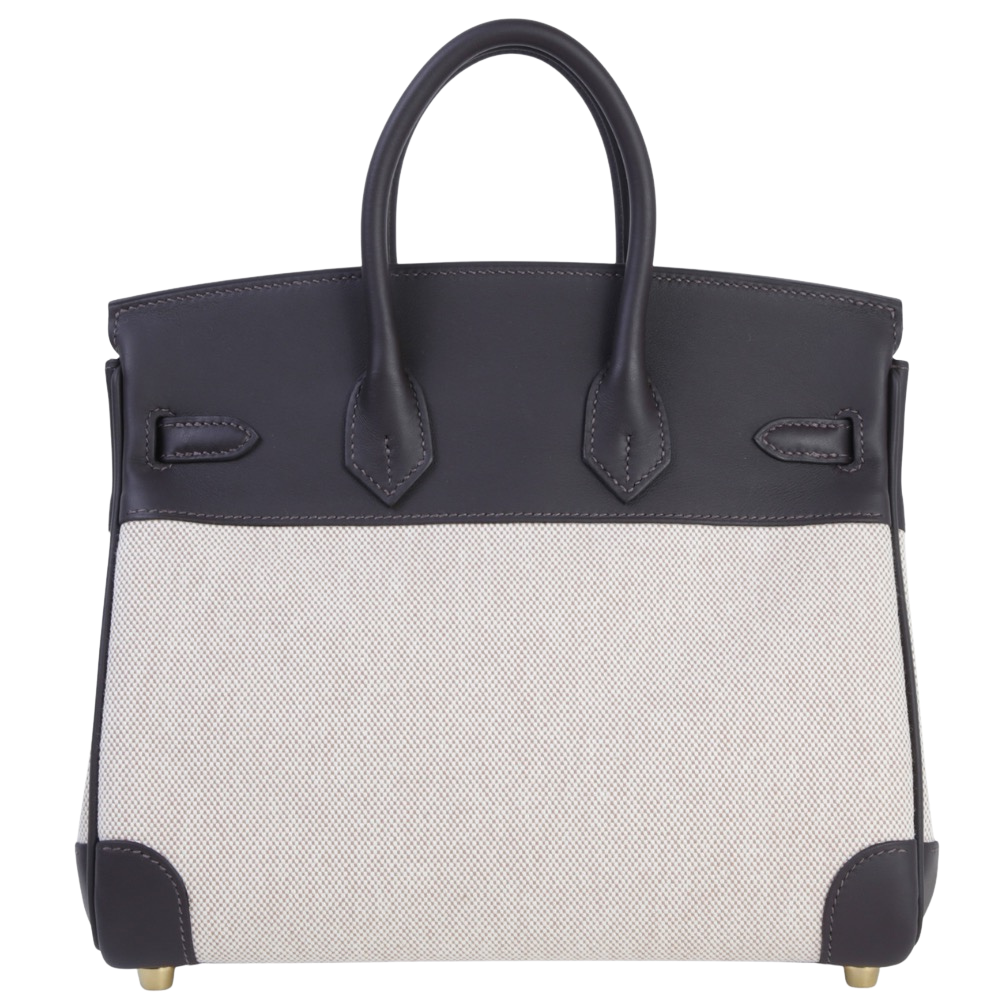 Hermes Birkin 25 Ecru Bahi Brun and Beige Swift canvas back view, highlighting the refined mixed-media construction, durable woven canvas, leather accents, and protective metal feet.