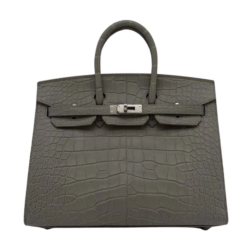 Hermes Birkin 25 Gris Perle Matte Alligator front view, showcasing the mini structured silhouette, soft pearl grey exotic scales, dual top handles, and silver turn-lock hardware.