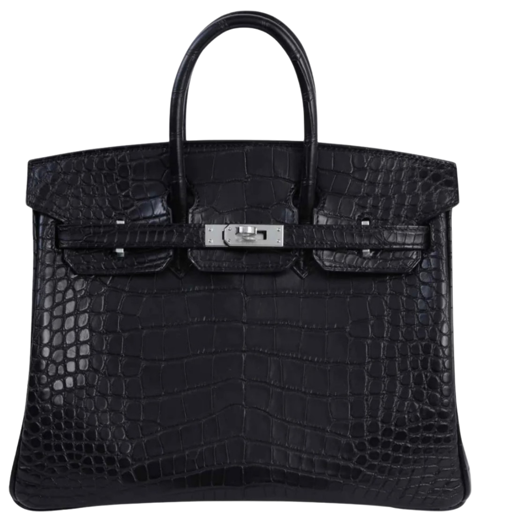 Hermes Birkin 25 Matte Alligator Black front view, showcasing the iconic structured silhouette, symmetrical square scales, and turn-lock closure.
