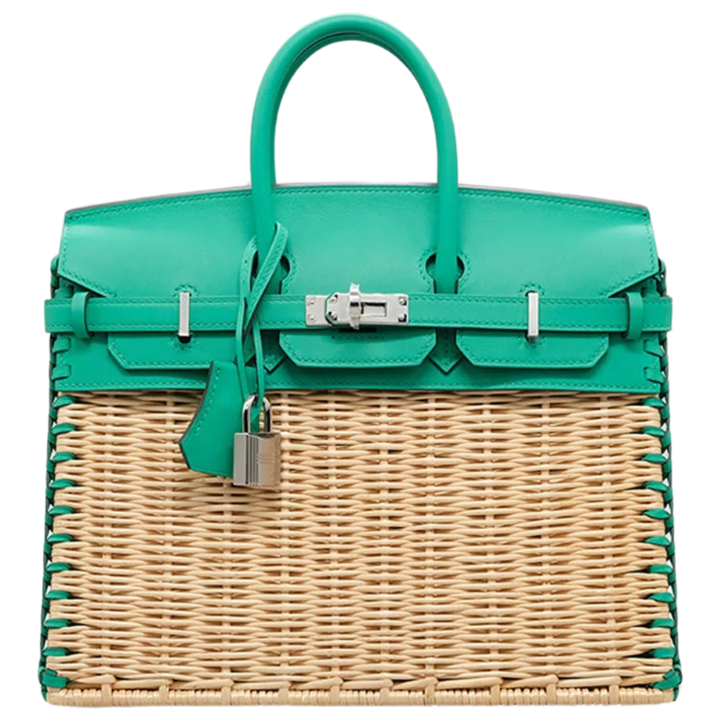 Hermes Birkin 25 Picnic Menthe front view, showcasing the woven wicker body, structured mint green leather flaps, and silver turn-lock hardware.