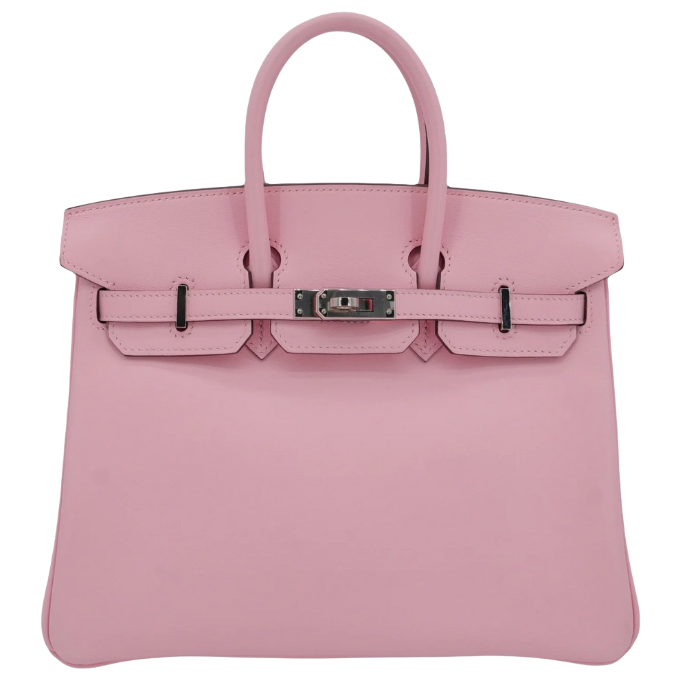 Hermes Birkin 25 Rose Sakura Swift front view, showcasing the iconic structured silhouette, smooth matte finish, and silver turn-lock closure.
