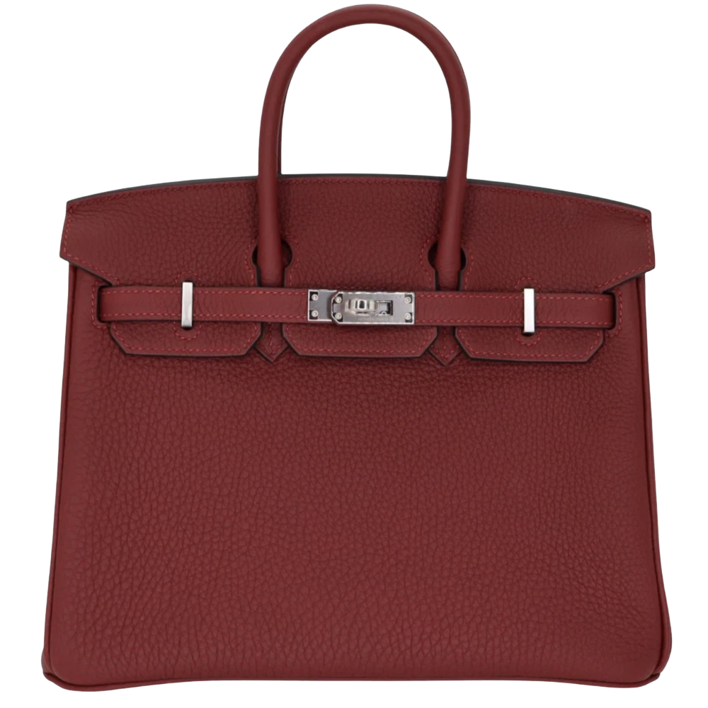 Hermes Birkin 25 Rouge H Togo front view, showcasing the mini structured silhouette, rich deep burgundy-red leather, dual top handles, and silver turn-lock hardware.
