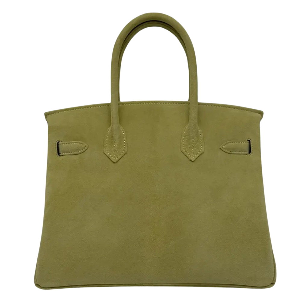 Hermes Birkin 25 Tilleul Doblis back view, highlighting the refined proportions, smooth suede finish, and protective base feet.