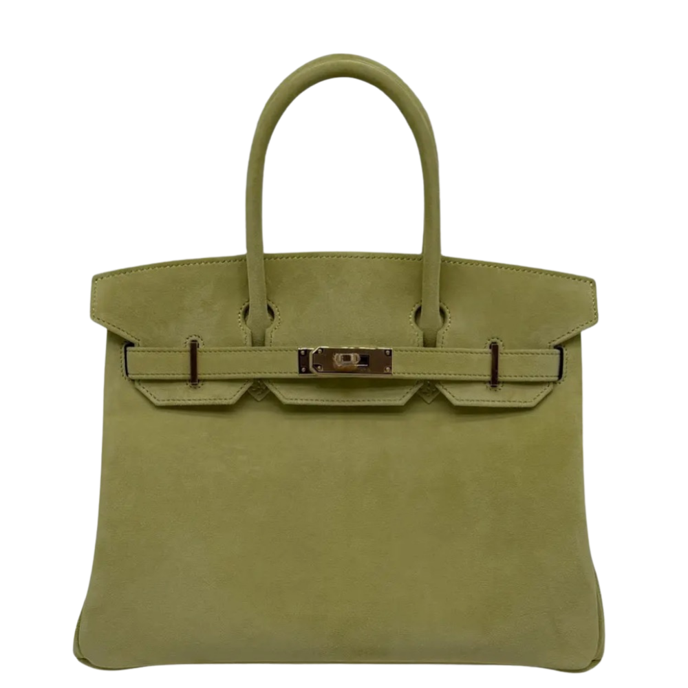 Hermes Birkin 25 Tilleul Doblis front view, showcasing the mini structured silhouette, soft lime-green suede leather, dual top handles, and soft permabrass turn-lock hardware.
