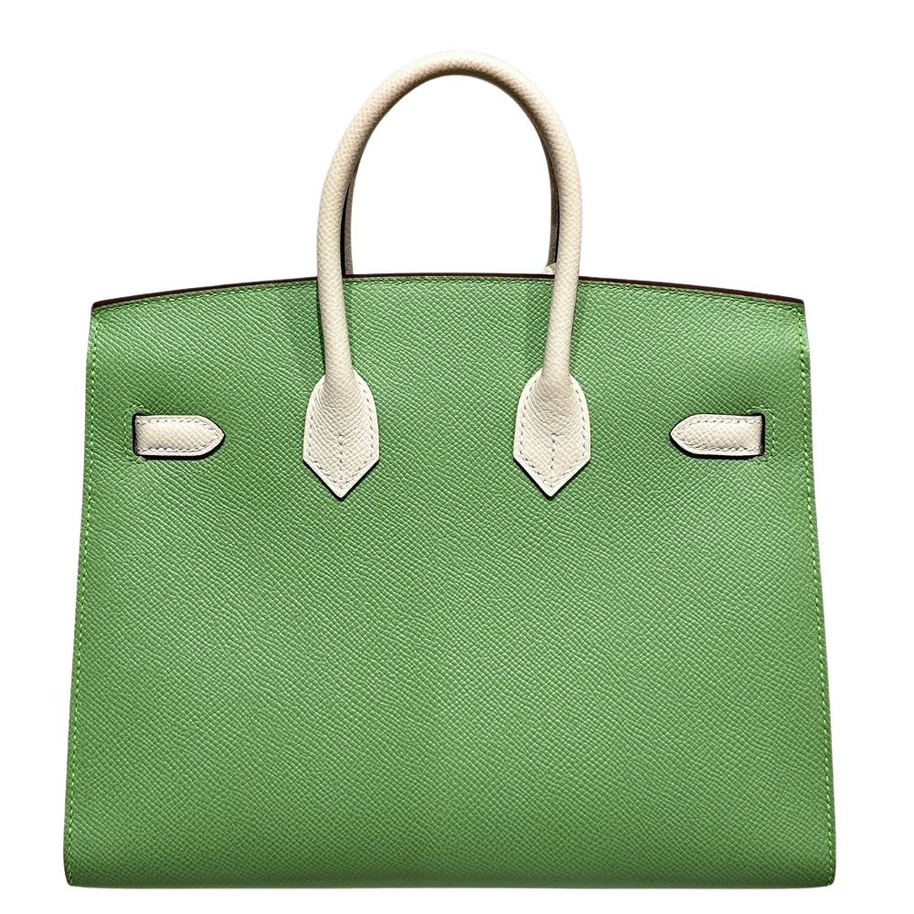 Hermes Birkin 25 Vert Criquet Epsom back view, highlighting the clean Sellier-style structure, durable Epsom leather texture, and protective metal feet.