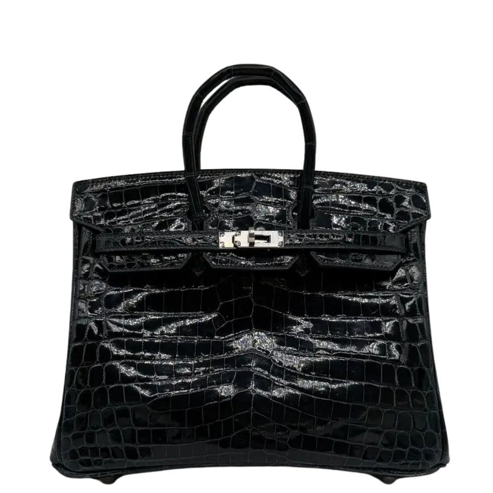 Hermes Birkin 25 Vert Cypress shiny Nilo leather front view