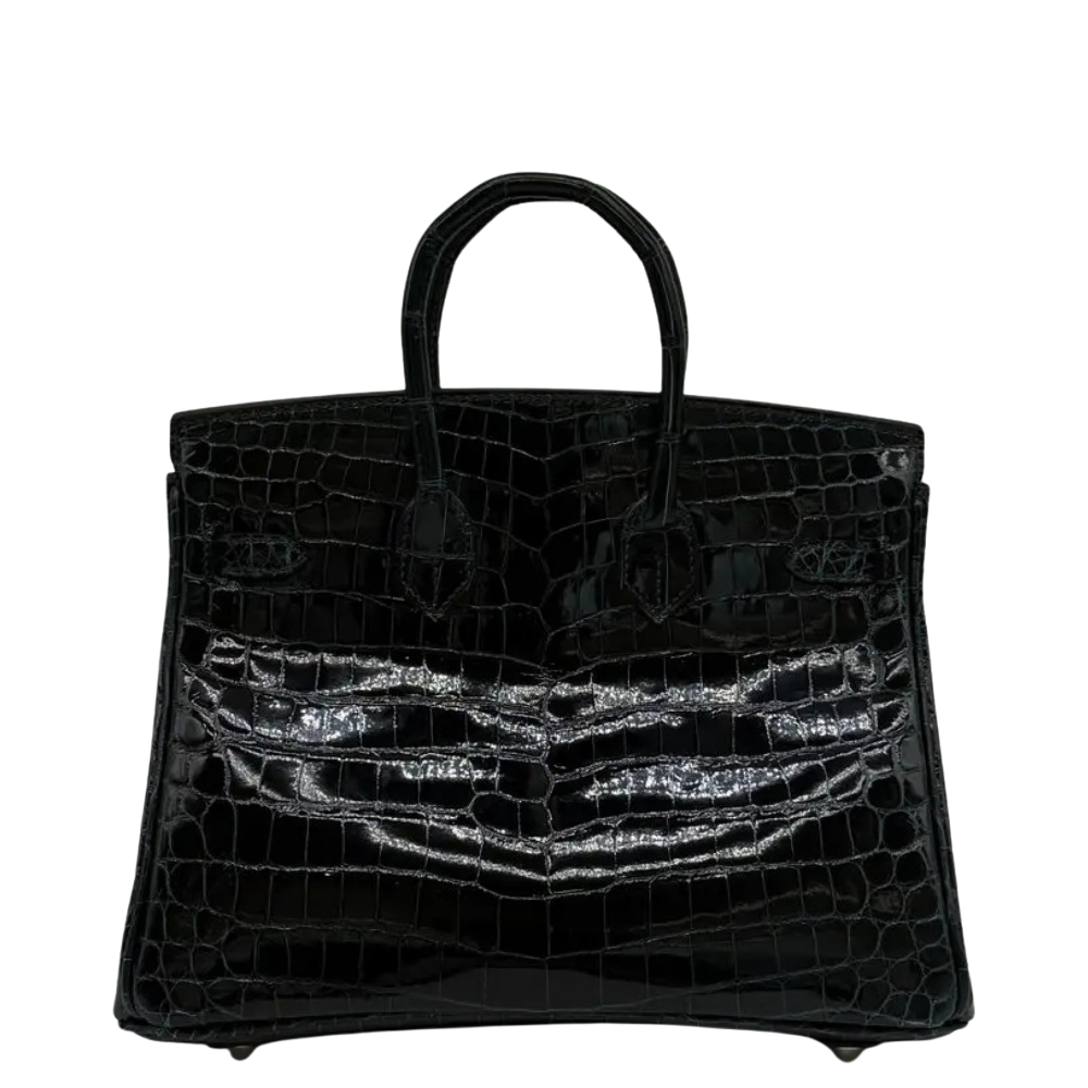 Hermes Birkin 25 Vert Cypress Shiny Niloticus Crocodile back view, highlighting the symmetrical exotic scaling, glossy finish, and protective metal feet.
