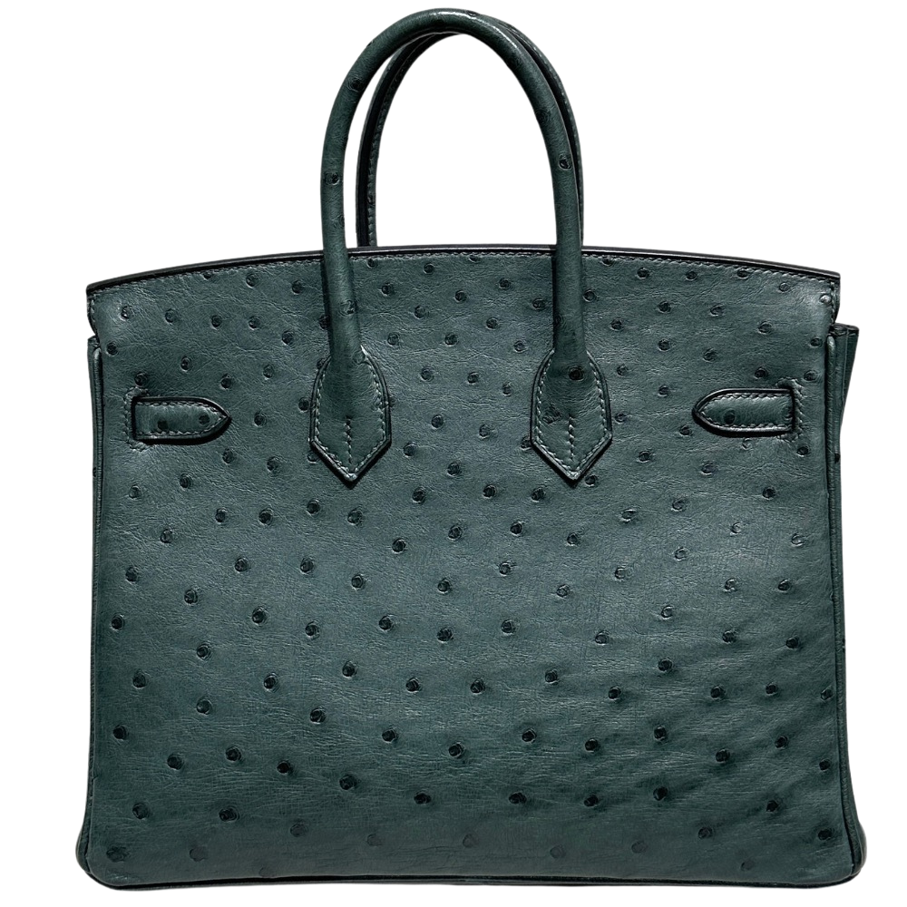 Hermes Birkin 25 Vert Foncé Ostrich back view, highlighting the clean proportions, natural ostrich skin texture, and protective metal feet.