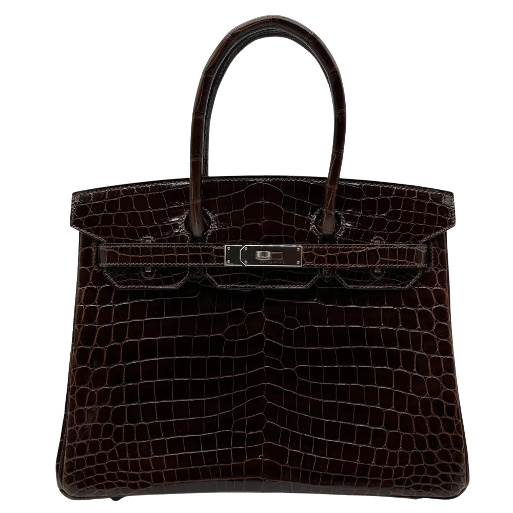 Hermes Birkin 30 Havane Shiny Alligator front view, showcasing the rich chocolate brown exotic scales, dual top handles, and silver turn-lock hardware.
