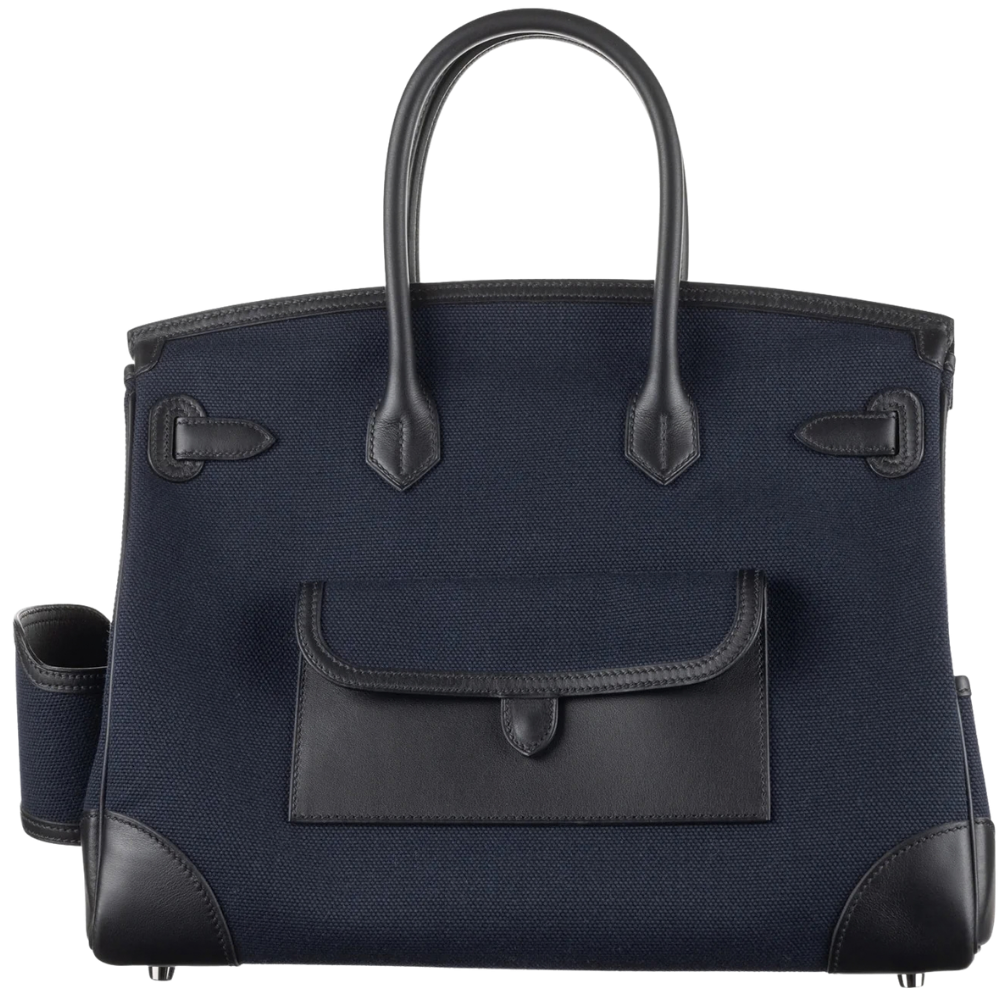 Hermes Birkin 35 Cargo Bleu Marine back view, highlighting the exterior multi-compartment functional pockets and expert craftsmanship.