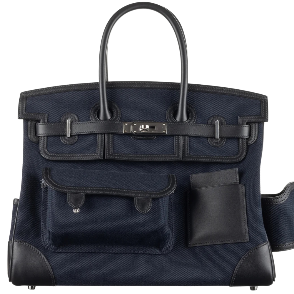 Hermes Birkin 35 Cargo Bleu Marine front view, showcasing the spacious multi-pocket utility design, durable canvas and leather structure, and silver turn-lock closure.
