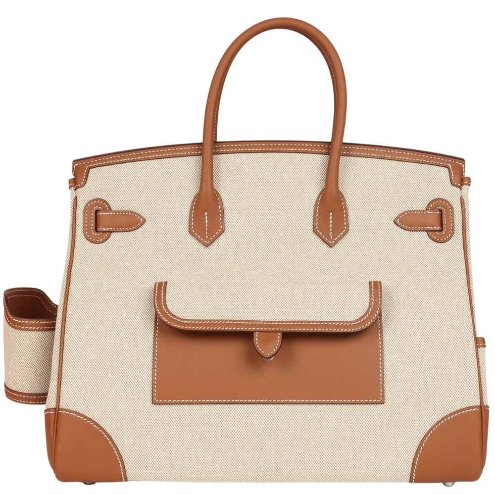 Hermes Birkin 35 Cargo Gold Swift and Toile H back view, highlighting the exterior multi-compartment functional pockets and structural craftsmanship.