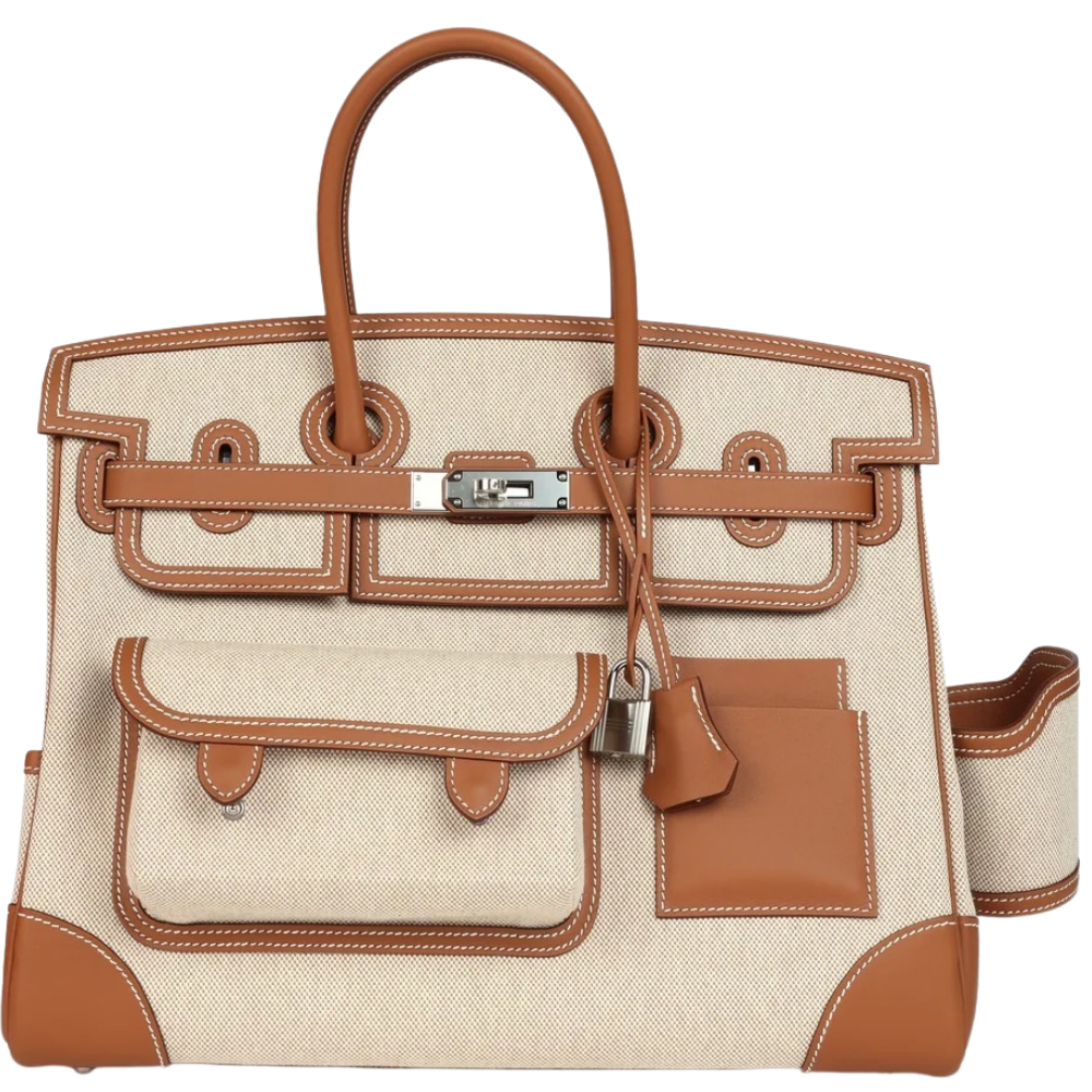 Hermes Birkin 35 Cargo Gold Swift and Toile H front view, showcasing the multi-pocket utility design, canvas and leather combination, and silver turn-lock closure.