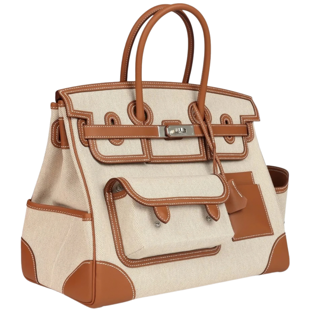 Hermes Birkin 35 Cargo Gold Swift and Toile H left side profile, displaying the functional side pouch and reinforced gusset.