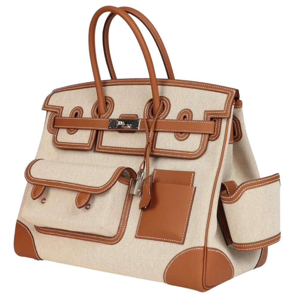 Hermes Birkin 35 Cargo Gold Swift and Toile H right side profile, featuring the signature sangles, padlock, and silver hardware details.