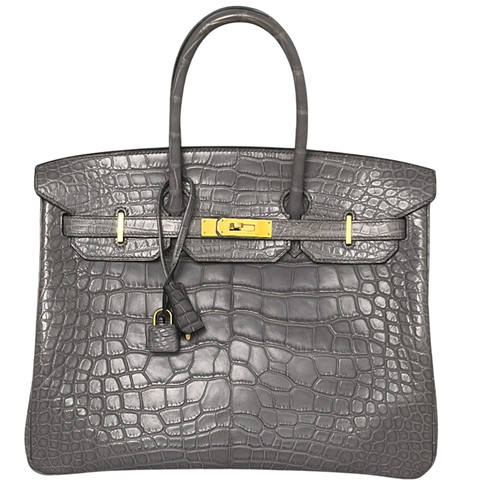 Hermes Birkin 35 Graphite Matte Alligator front view, showcasing the iconic structured silhouette, deep dark charcoal grey matte scales, dual top handles, and gold turn-lock hardware.