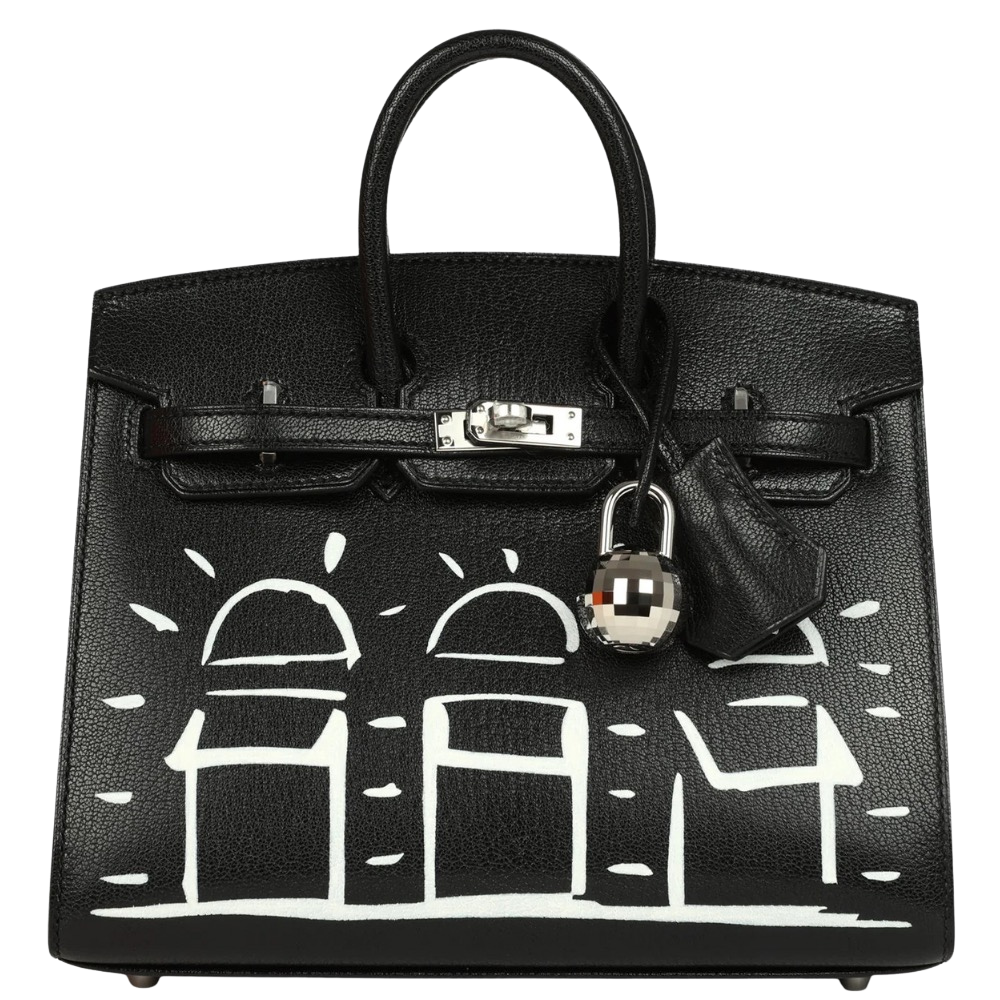 Hermes Birkin Disco 20 Black Chèvre front view, showcasing the compact micro silhouette, fine-grained black goat skin leather, dual top handles, and silver turn-lock hardware.