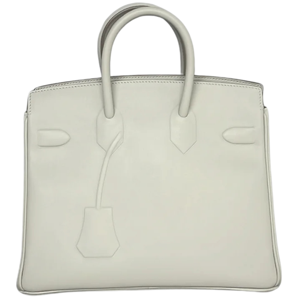 Hermes Birkin Shadow 25 Gris Perle Swift back view, highlighting the seamless, smooth fine-grained pearl grey leather and clean structural lines.