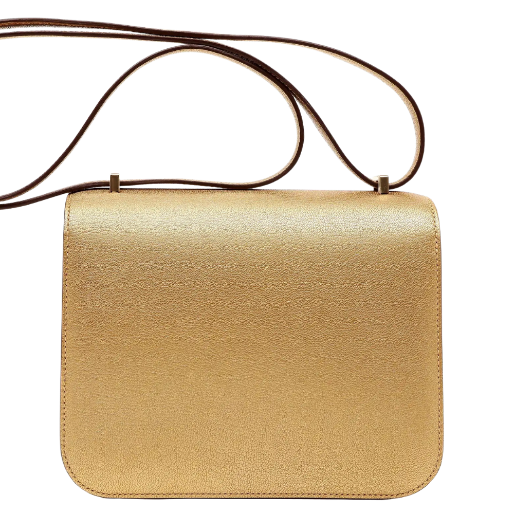 Hermes Constance 18 Dore Chamkilight Chevre back view, highlighting the clean structural lines and premium leather craftsmanship.