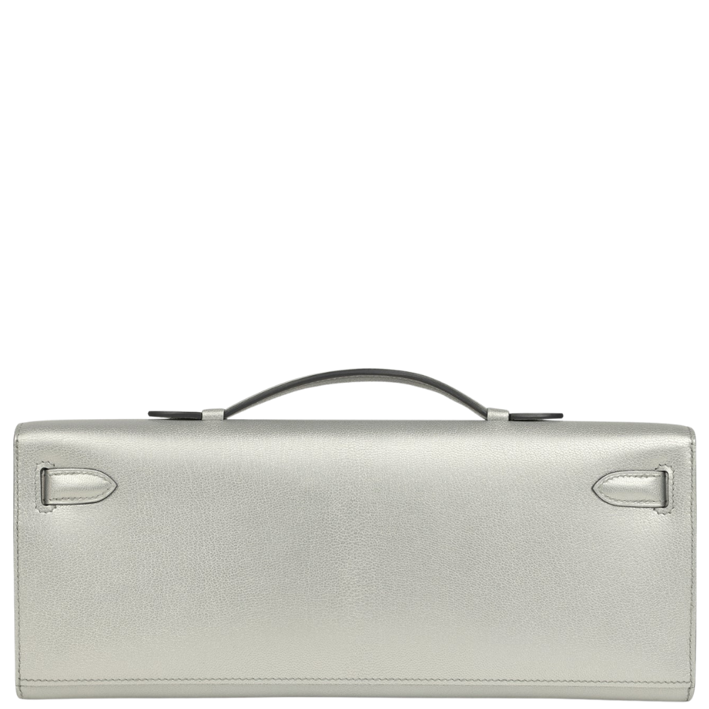 Hermes Kelly Cut Argent Chevre Chamkilight back view, highlighting the clean, minimalist lines and premium leather craftsmanship.