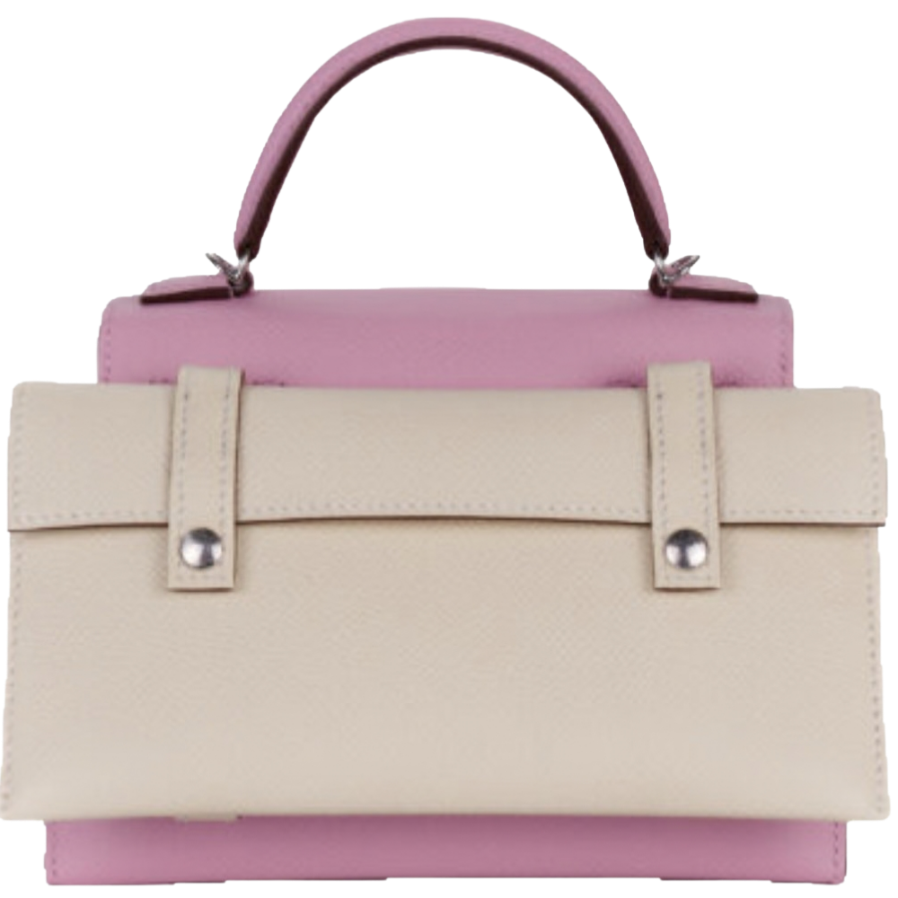 Hermes Kelly Doll Picto Mauve Sylvestre back view, highlighting the architectural multi-color colorblock panels and crisp structural craftsmanship.