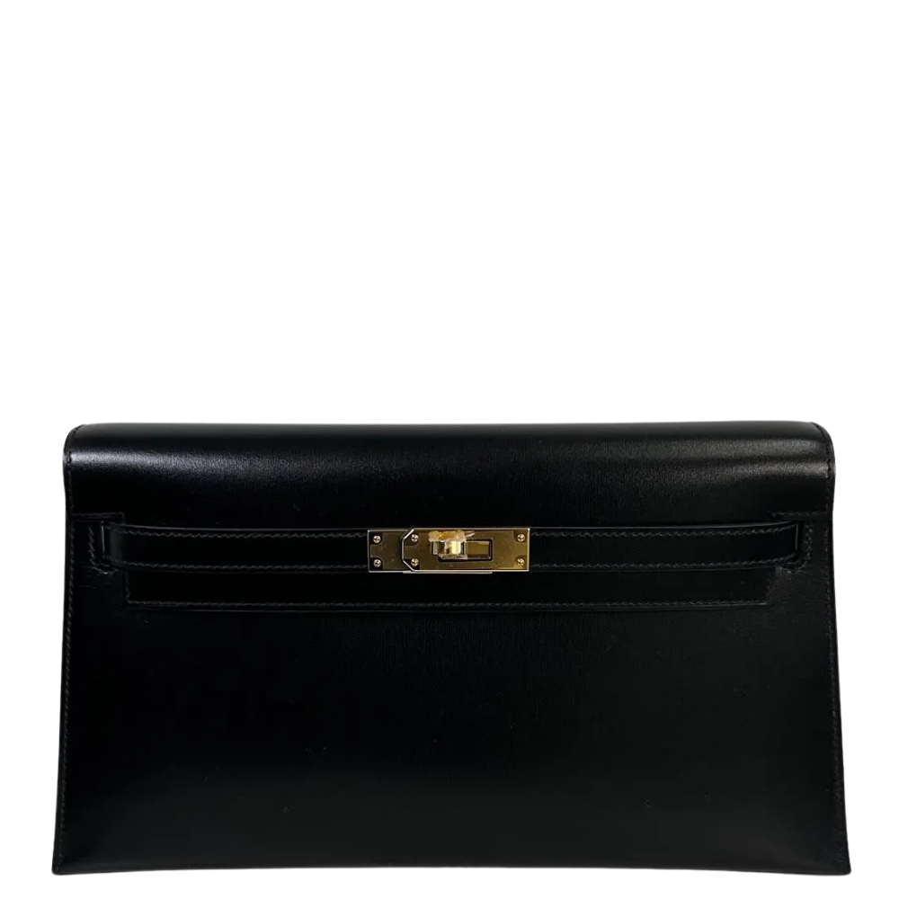 Hermes Kelly Elan Black Box Calf front view, showcasing the sleek elongated baguette silhouette, smooth glossy finish, and iconic turn-lock closure.