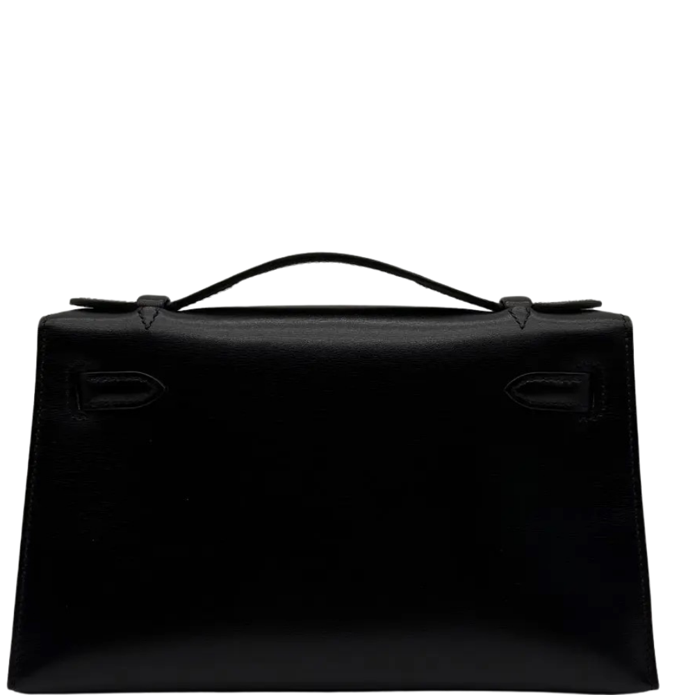 Hermes Kelly Pochette Black Box Calf So Black back view, highlighting the clean structural lines and timeless mirror-finish box leather craftsmanship.