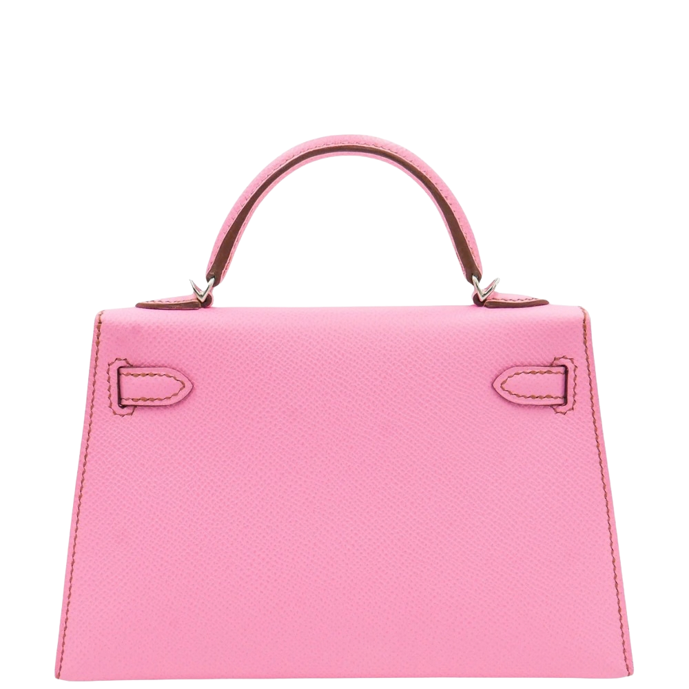 Hermes Mini Kelly 20 Bubblegum Epsom back view, highlighting the clean geometric lines and durable pressed leather craftsmanship.