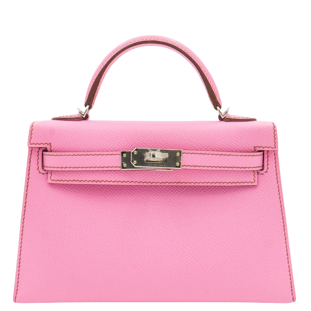 Hermes Mini Kelly 20 Bubblegum Epsom front view, showcasing the miniature architectural silhouette, rigid structure, and silver turn-lock closure.