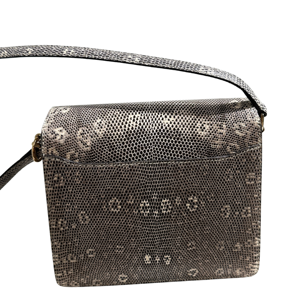 Hermès Roulis 19 Ombré Lizard leather rose gold hardware, back view showing strap and flap closure.
