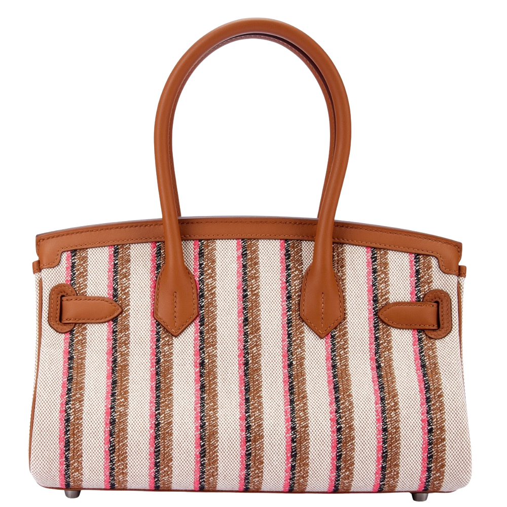 Hermes Shoulder Birkin 29 Gold Ecru Black Rose Pop back view, highlighting the clean horizontal proportions, durable woven canvas, leather trims, and protective metal feet.