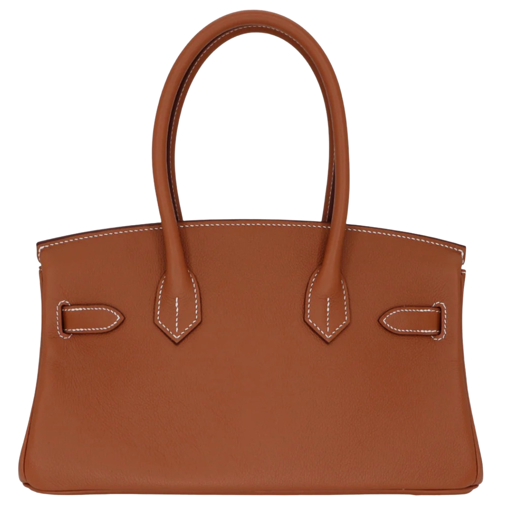Hermes Shoulder Birkin 29 Gold Evercolor back view, highlighting the clean horizontal lines, fine satin grain Evercolor texture, and protective base feet.