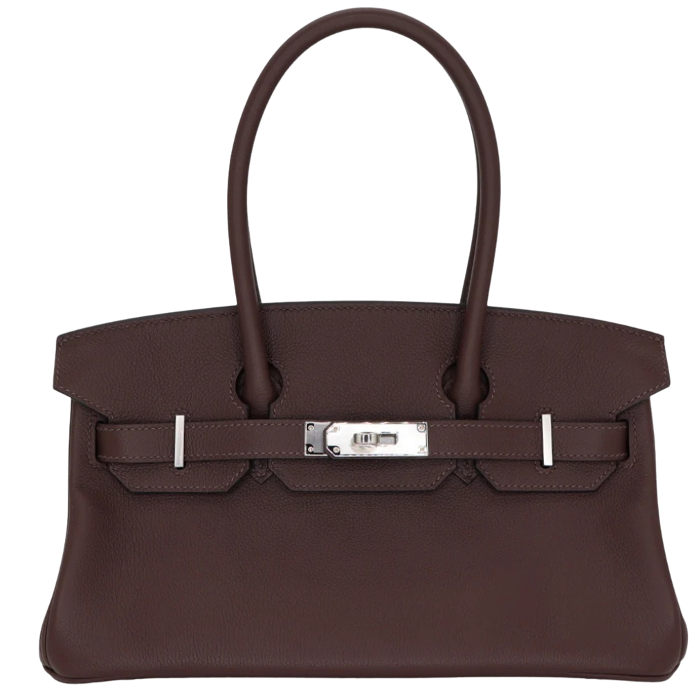 Hermes Shoulder Birkin 29 Moka Evercolor front view, showcasing the elongated horizontal silhouette, deep dark chocolate brown leather, long shoulder handles, and silver turn-lock hardware.