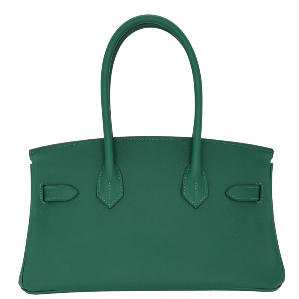 Hermes Shoulder Birkin 29 Vert Moyen Evercolor back view, highlighting the clean structural proportions, fine-grained Evercolor leather finish, and protective metal feet.