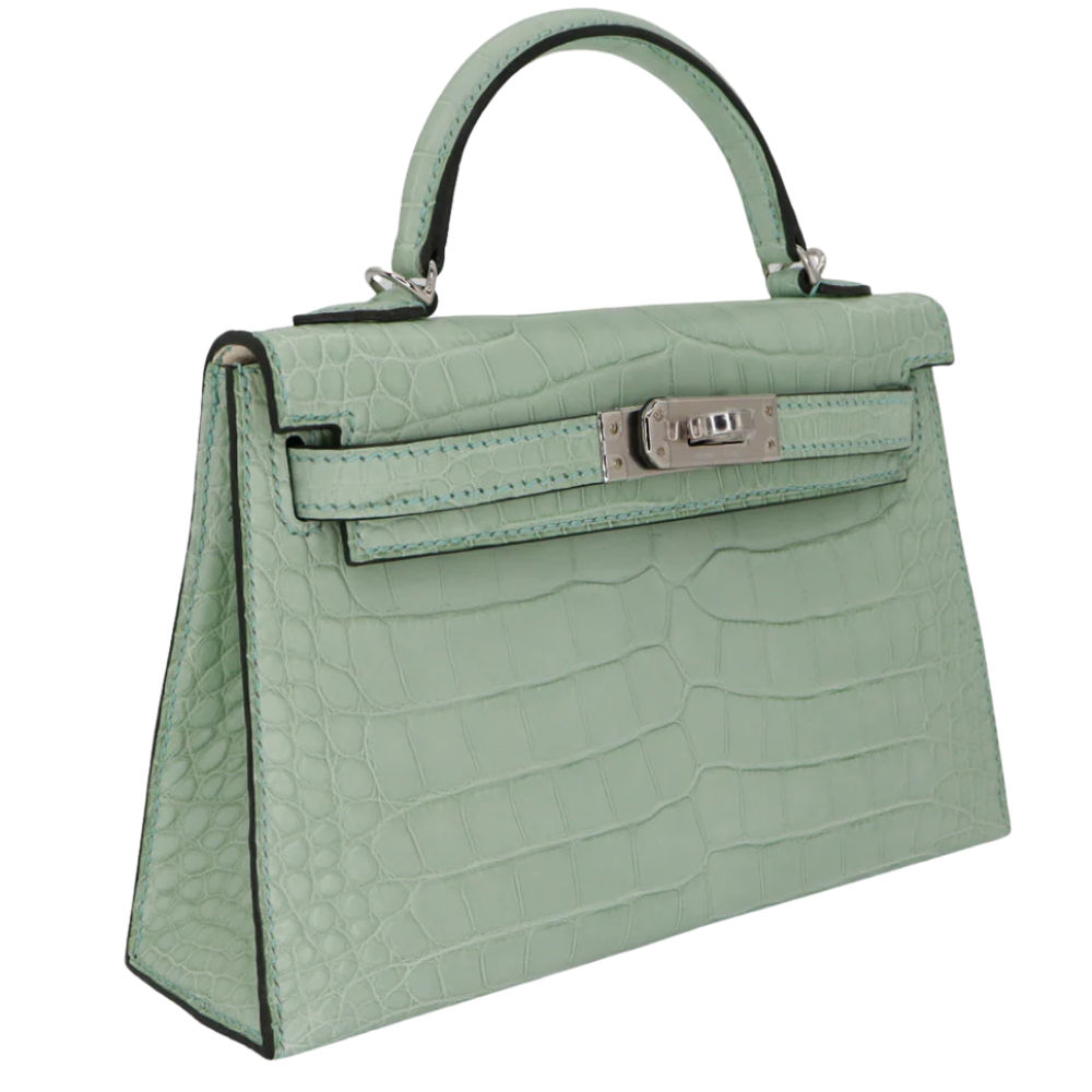 Side view of Hermès Kelly 20 bag in matte alligator leather in silver hardware, Vert d’Eau, palladium