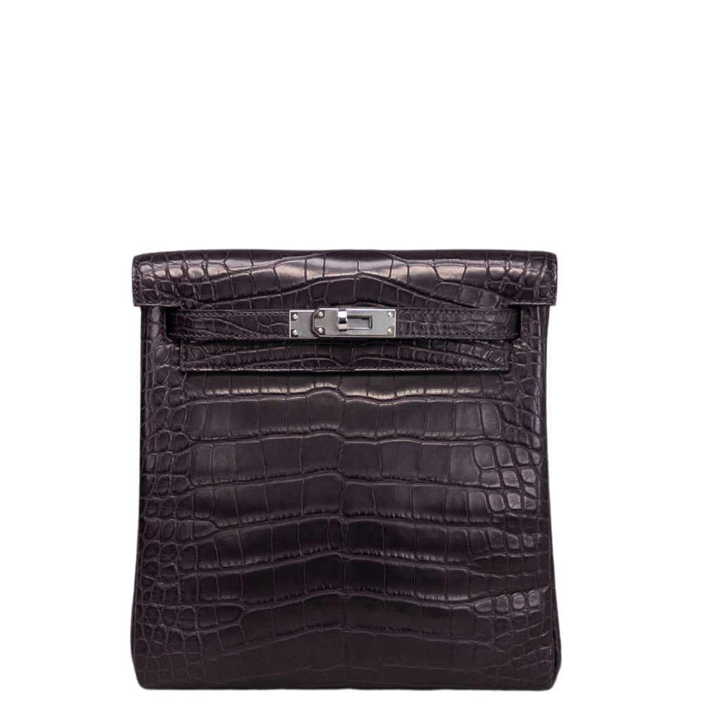 Hermès Kelly Ado backpack in matte alligator leather with silver hardware, front view