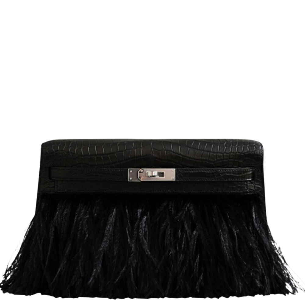 Hermès Kelly Elan bag in black matte Porosus crocodile with feathers, front view