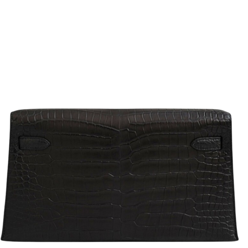 Hermès Kelly Elan handbag in black matte Porosus crocodile with feather details, elegant design