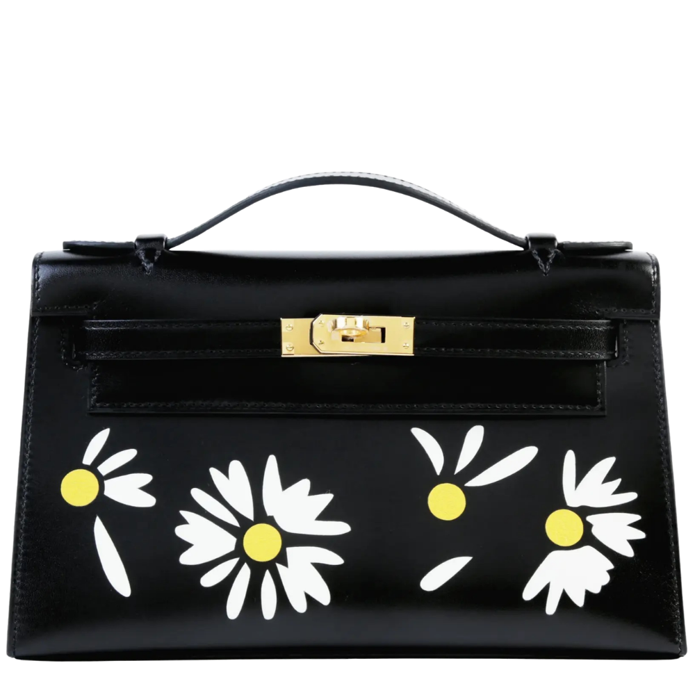 Hermes Kelly Pochette Inlay Daisy Black White and Jaune front view with gold hardware, showcasing the intricate floral leather inlay and structured silhouette.