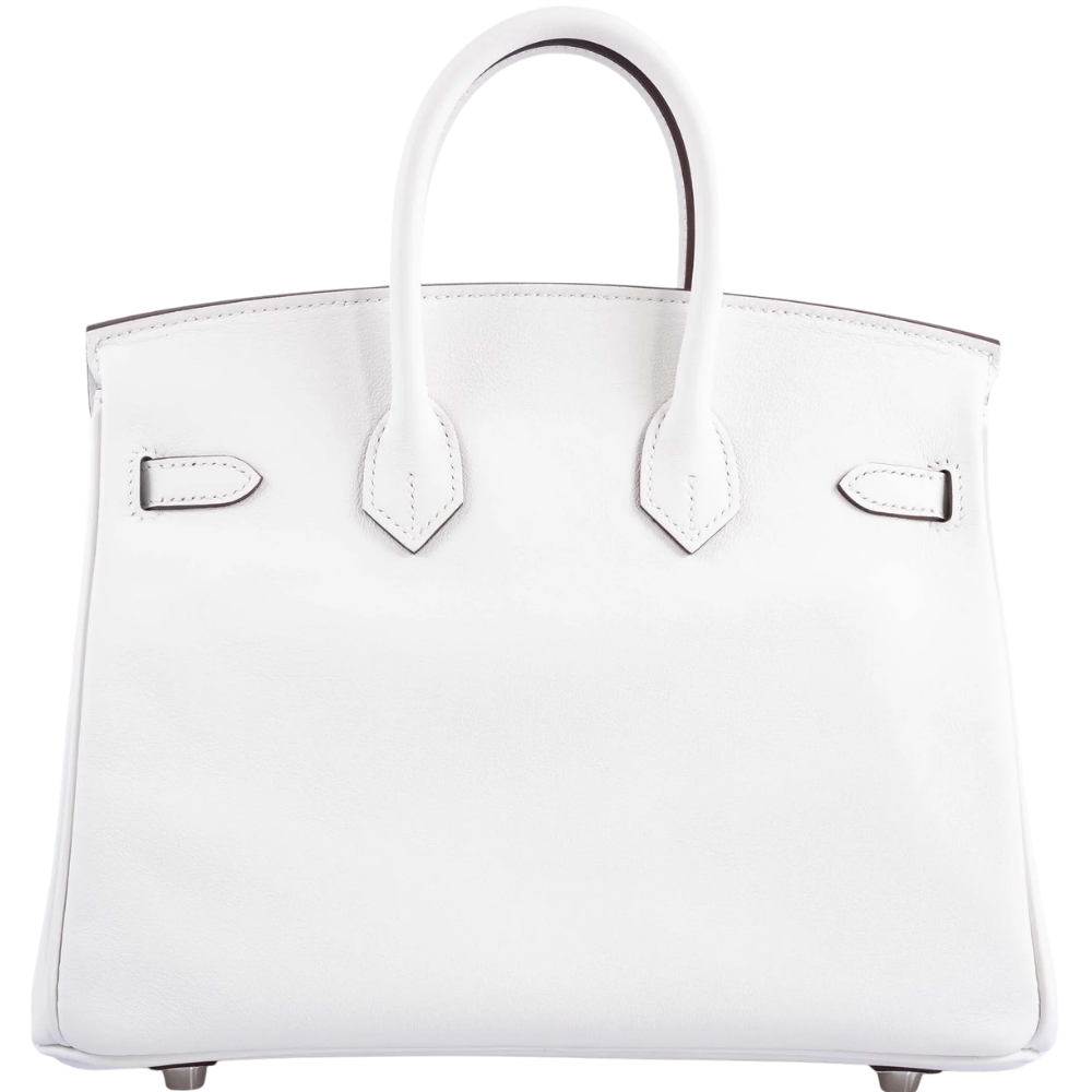 Hermes Birkin 25 In and Out Blanc Swift back view, highlighting the clean, minimalist lines and smooth leather craftsmanship.